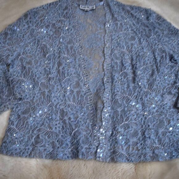 Karen Miller VTG Sequin Blazer L Light Blue Sheer Open Cardigan Glam Beaded - Picture 13 of 16